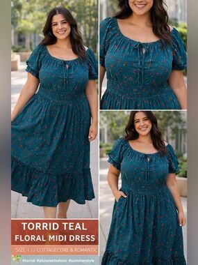 Torrid Teal Floral Midi Dress Size 1 Cottagecore Puff Sleeve Ruffle Hem
